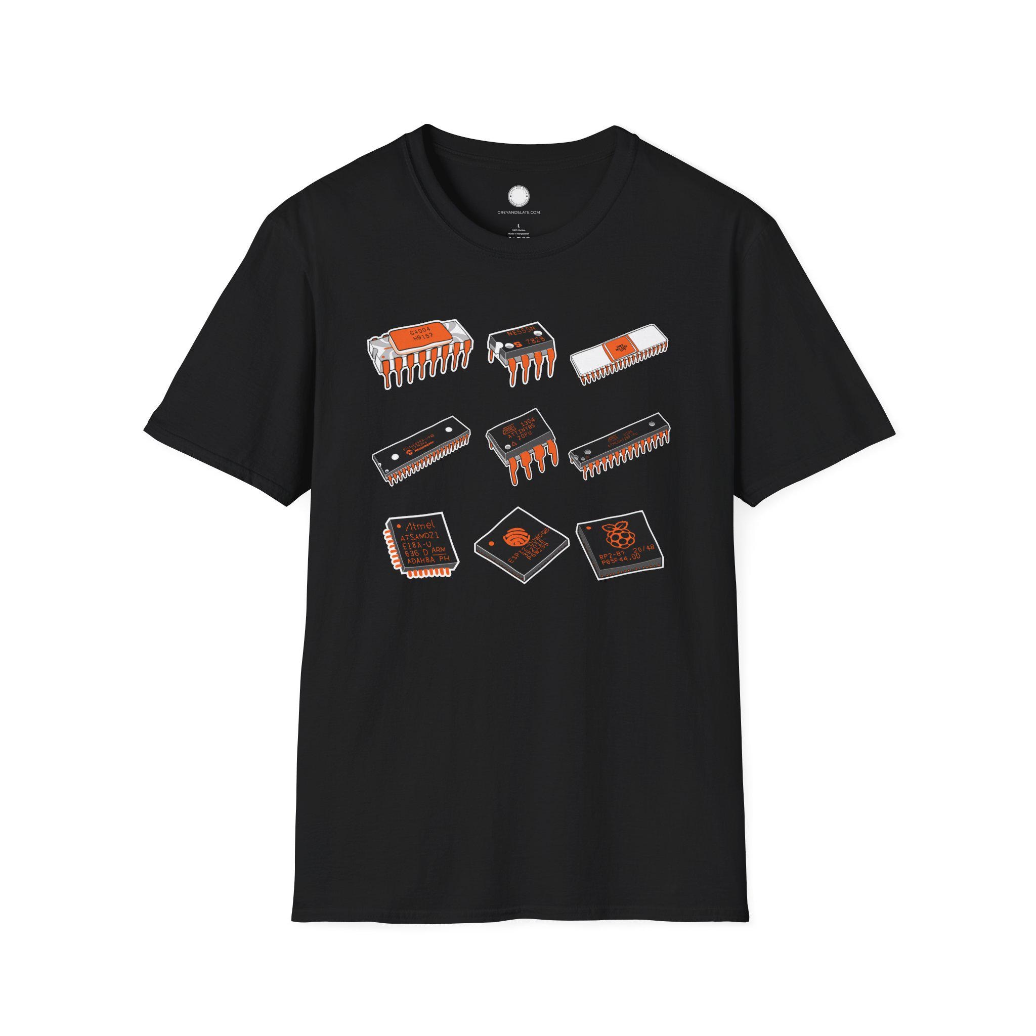 Hand-Drawn Microprocessor T-Shirt: Intel 4004, NE555, 6502 - Tech History Dad Gi