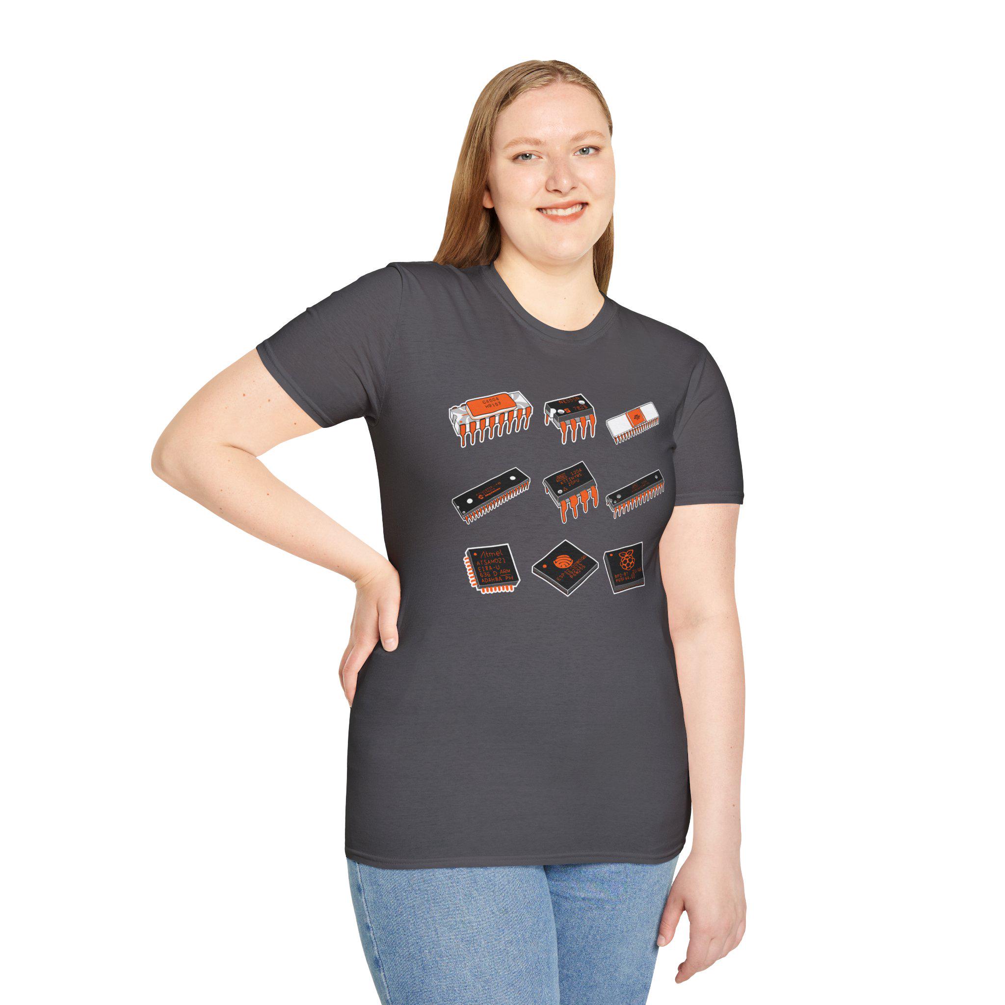 Hand-Drawn Microprocessor T-Shirt: Intel 4004, NE555, 6502 - Tech History Dad Gi