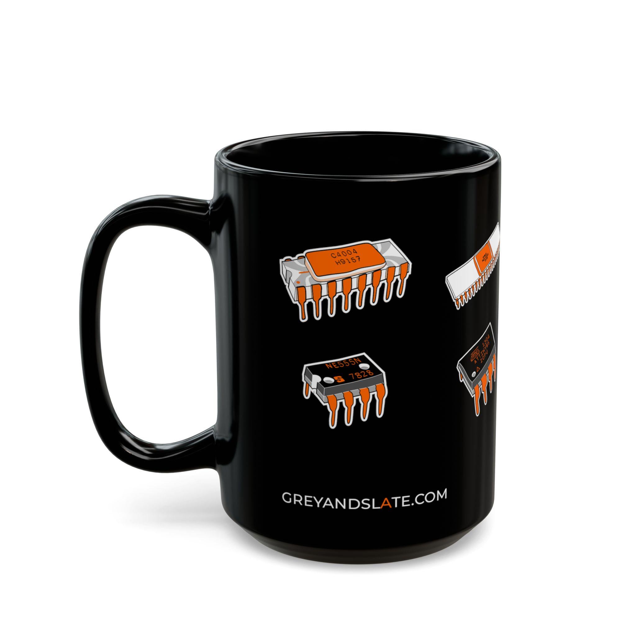 Famous Chips History Mug | Hand-drawn Intel 4004 NE555 MOS 6502 ESP32 RP2040 | M