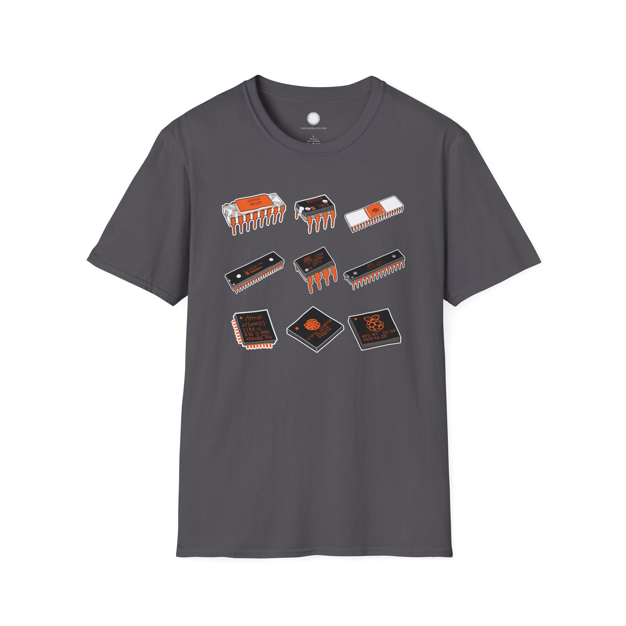 Hand-Drawn Microprocessor T-Shirt: Intel 4004, NE555, 6502 - Tech History Dad Gi