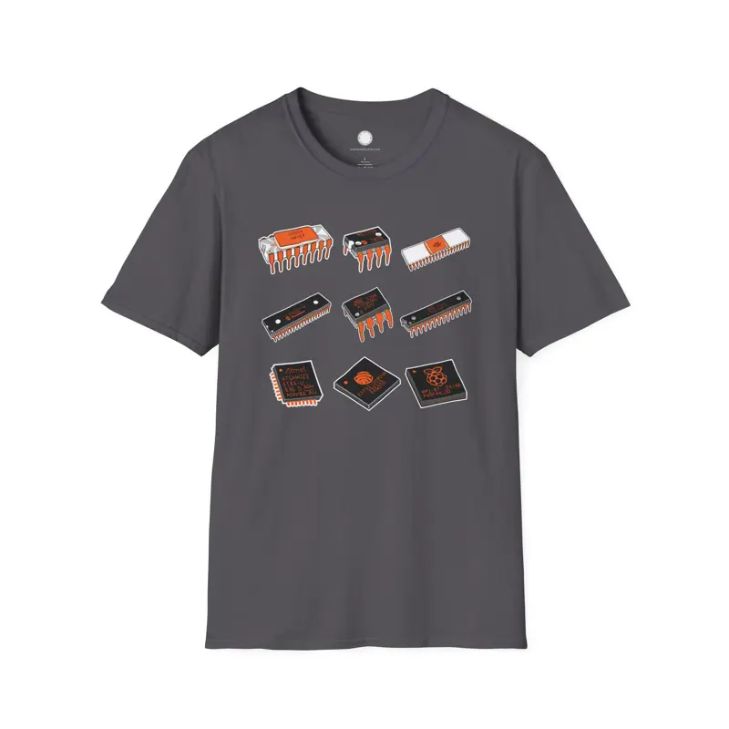 Hand-Drawn Microprocessor T-Shirt: Intel 4004, NE555, 6502 - Tech History Dad Gi