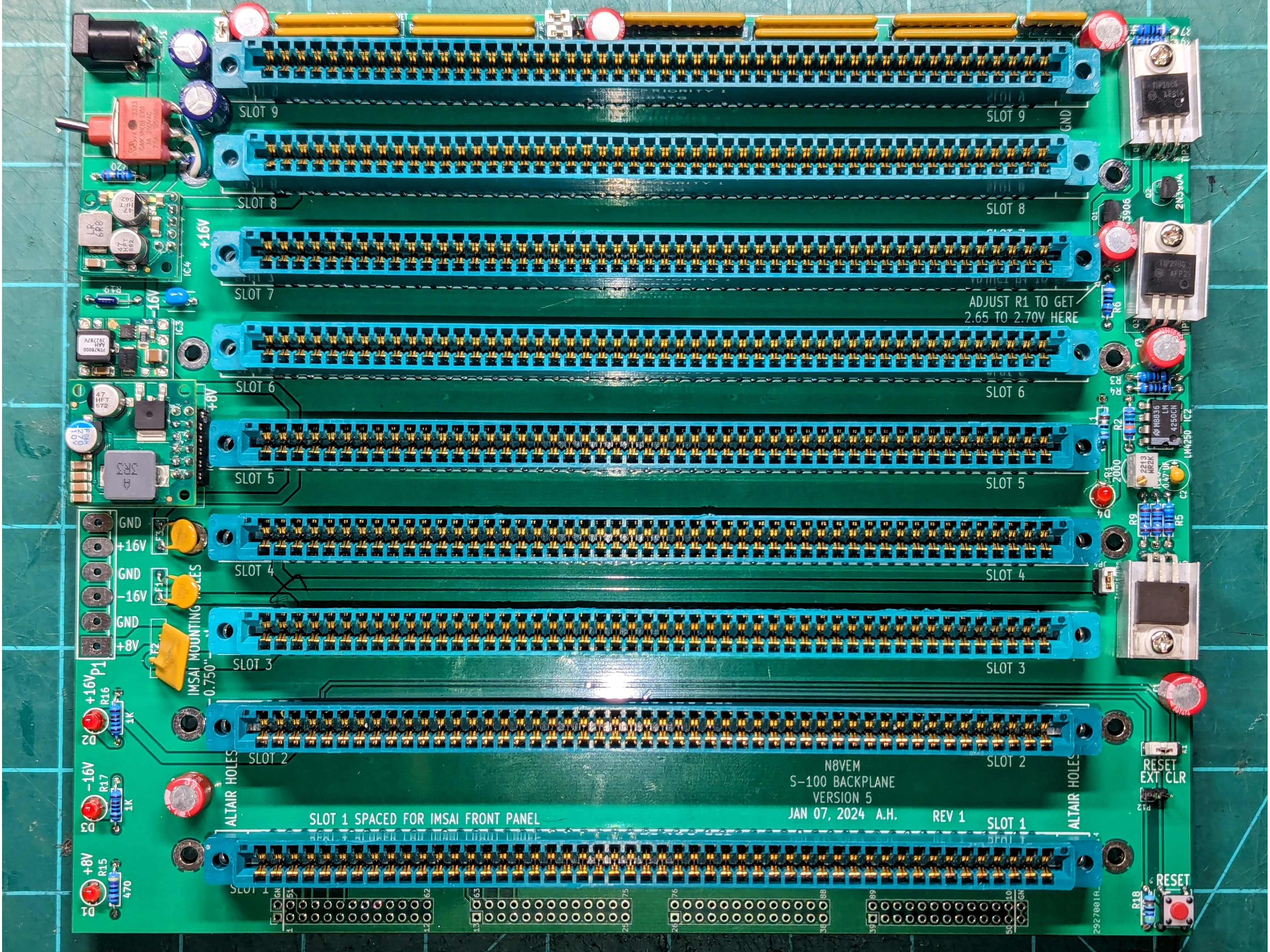9-Slot S-100 Motherboard with Integrated Power Supply (Bare PCB)