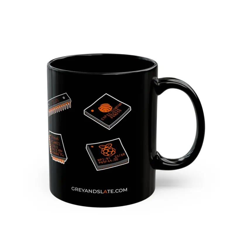 Famous Chips History Mug | Hand-drawn Intel 4004 NE555 MOS 6502 ESP32 RP2040 | M