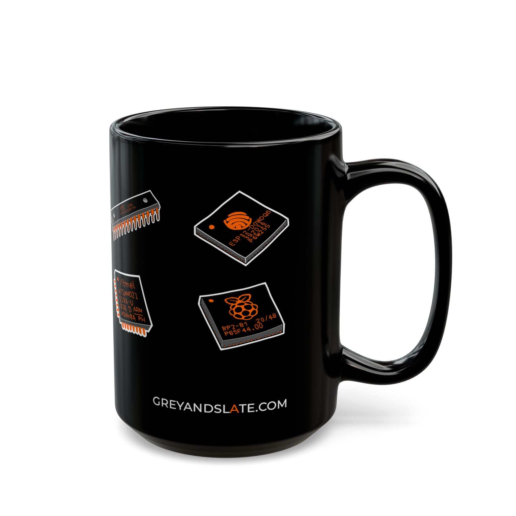 Famous Chips History Mug | Hand-drawn Intel 4004 NE555 MOS 6502 ESP32 RP2040 | M