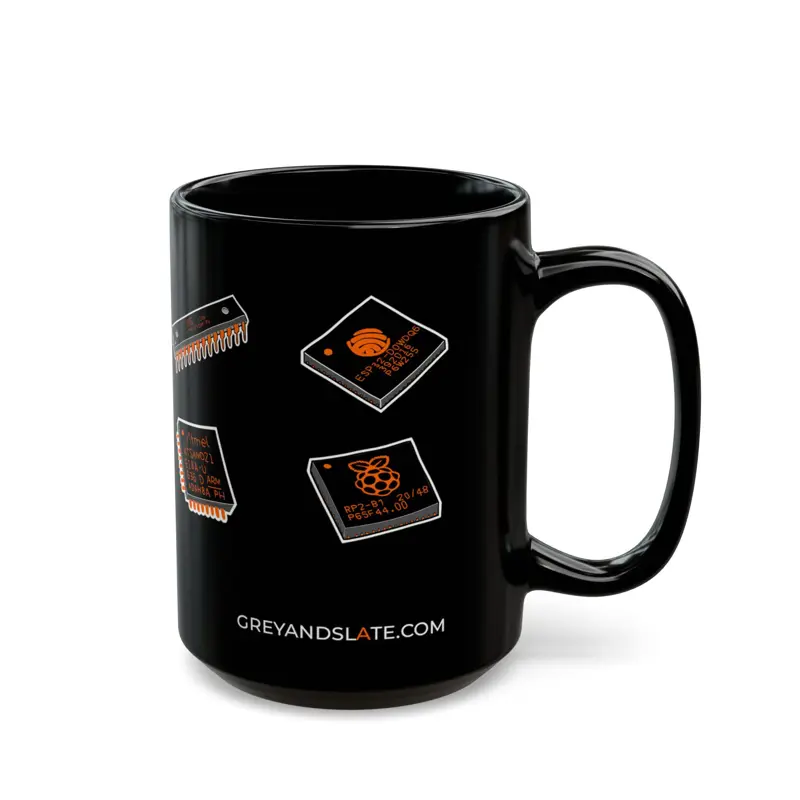 Famous Chips History Mug | Hand-drawn Intel 4004 NE555 MOS 6502 ESP32 RP2040 | M