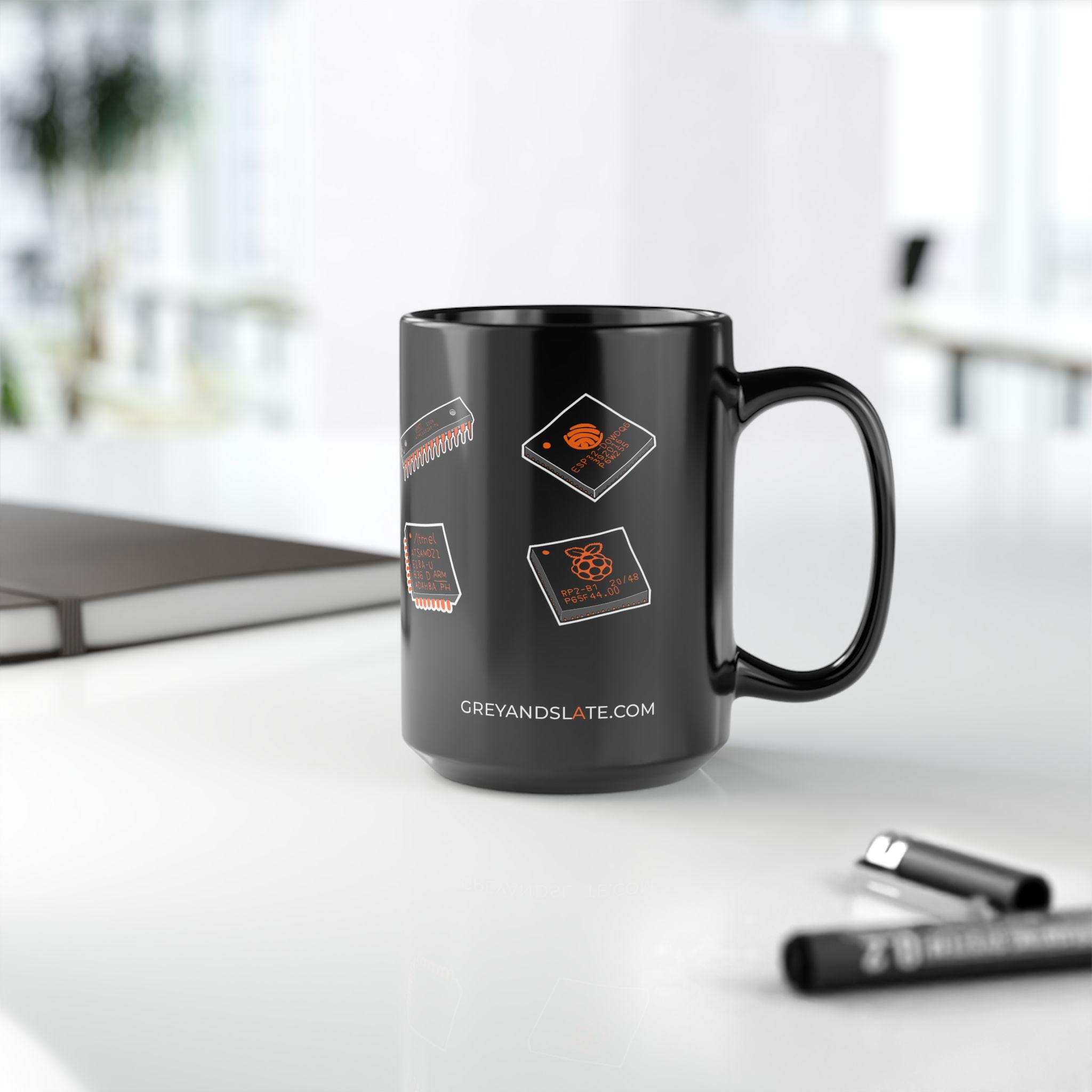 Famous Chips History Mug | Hand-drawn Intel 4004 NE555 MOS 6502 ESP32 RP2040 | M