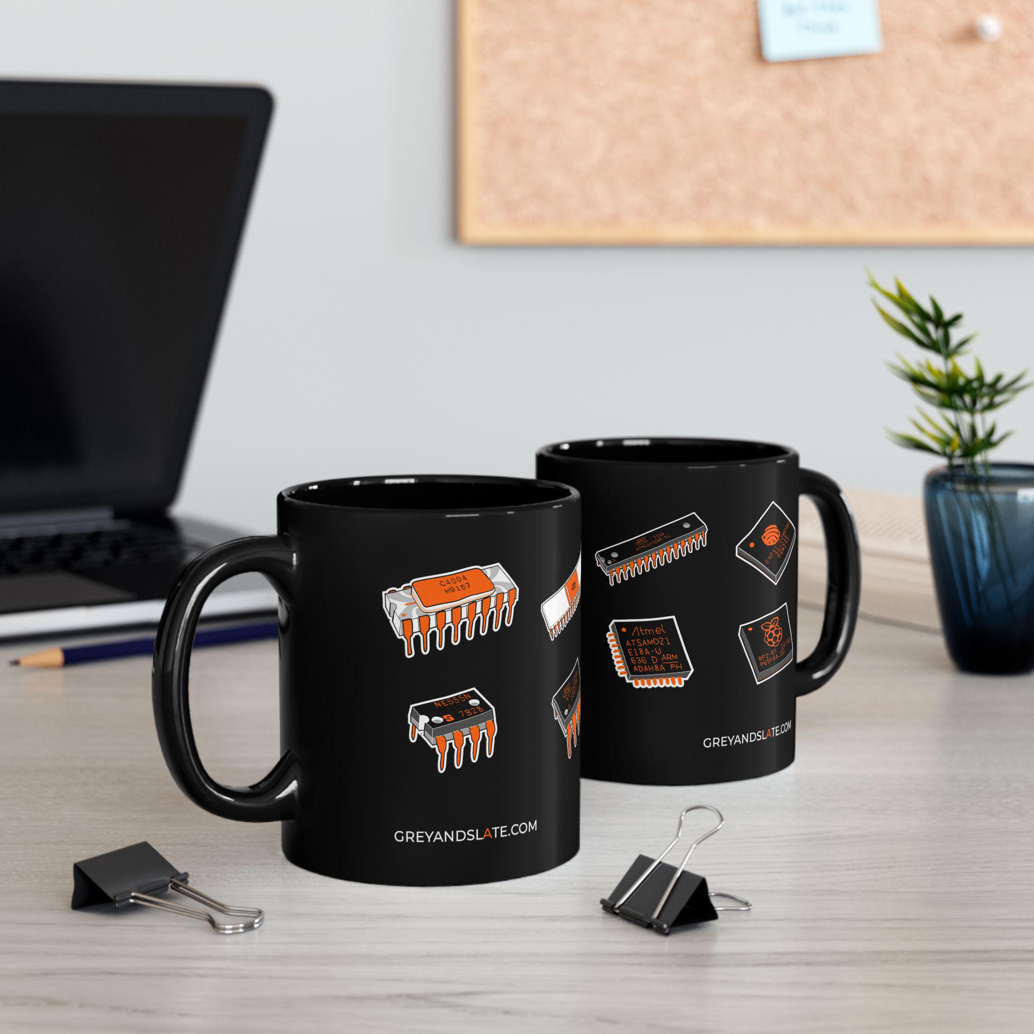 Famous Chips History Mug | Hand-drawn Intel 4004 NE555 MOS 6502 ESP32 RP2040 | M